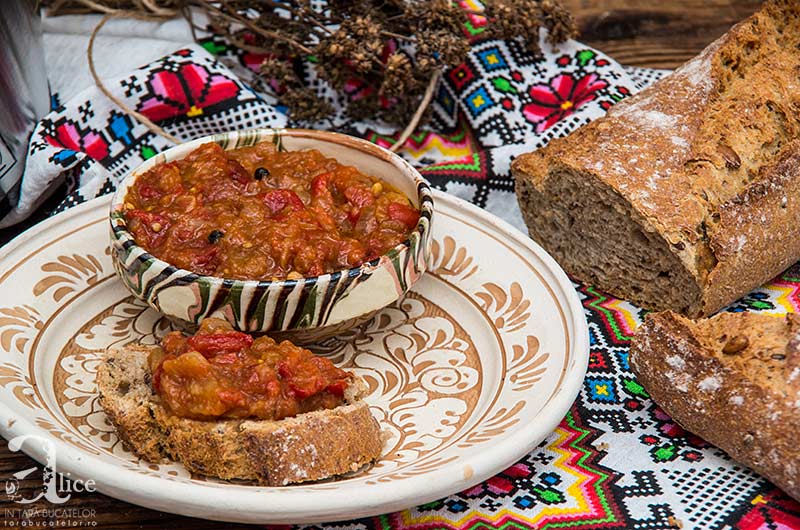 delicious traditional romanian spreads food, eggplant cream, beans and mixed vegetables
